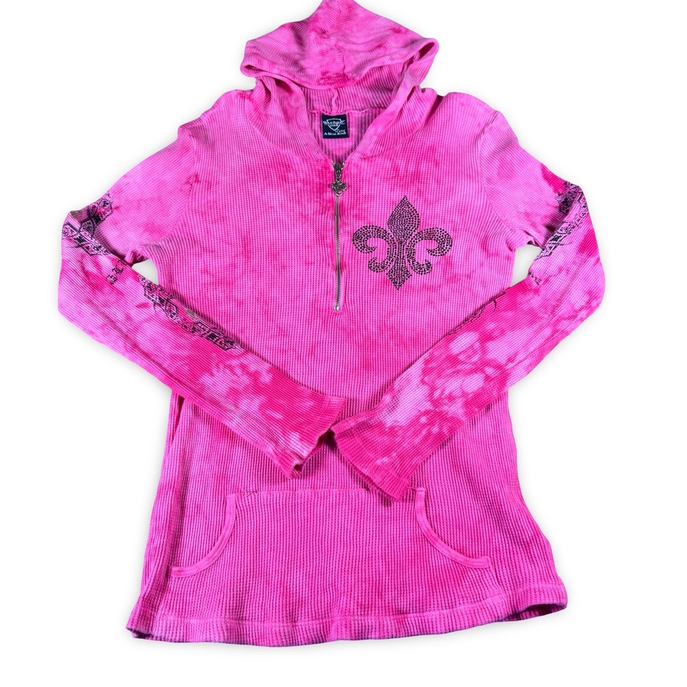 Vintage Y2K Sledge Womens XL Pink Tie Dye Rhinestone Fleur De Lis Thermal Hoodie